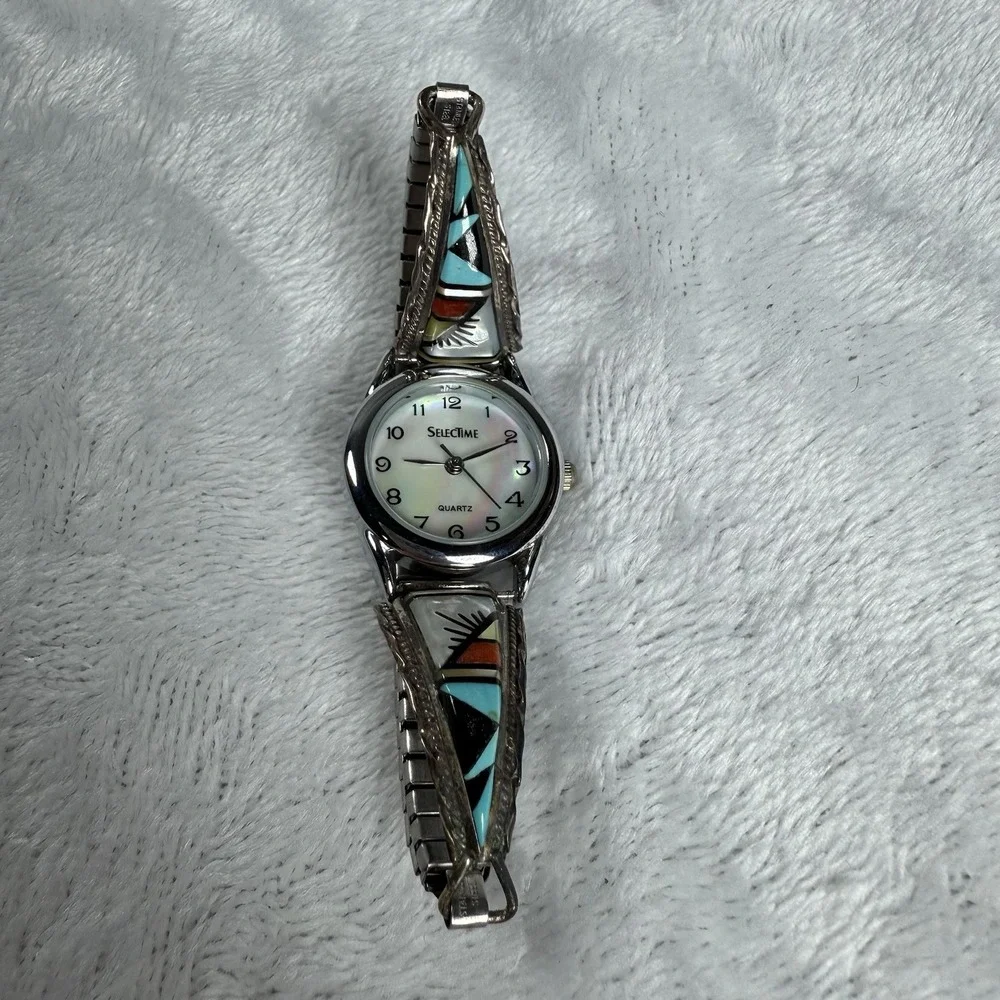 Vintage‎ Zuni Sterling Silver Multi Stone Inlaid Watchband by CM Booqua